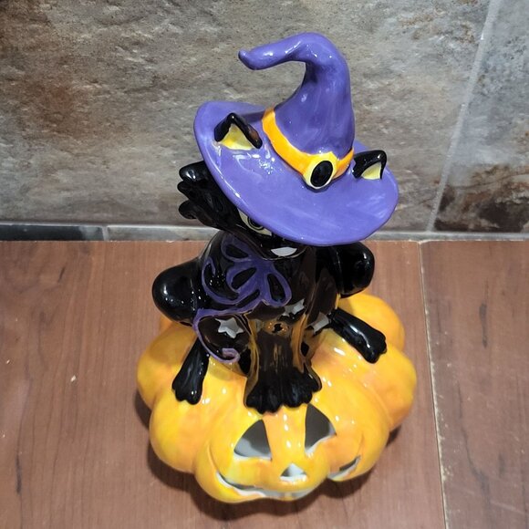 Black Witch Cat on Pumpkin Tealight Candle Holder Halloween - Picture 4 of 11
